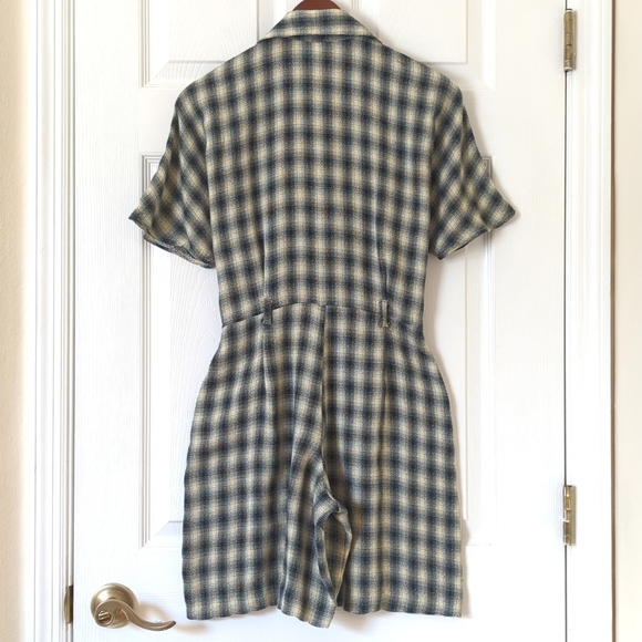 Be Smart 80's Vintage Classic Plaid Short Sleeve Wide Leg Romper Navy Cream 3/4 - Picture 13 of 16